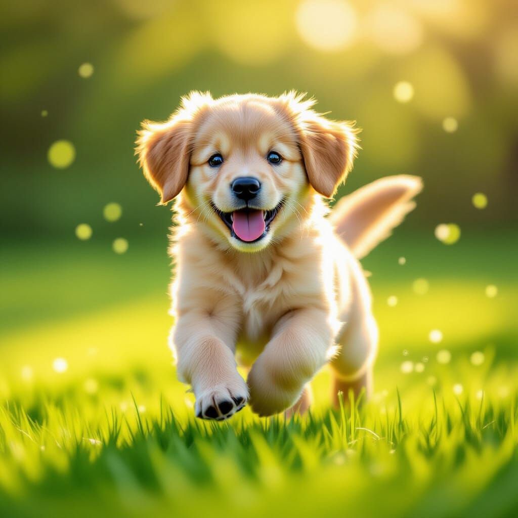 Cute Golden Retriever Puppy Running on Sunny Lawn