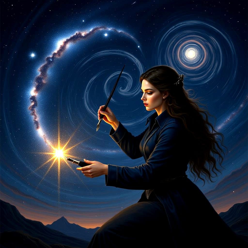 A celestial artist with a brush made of starlight paints a masterpiece across the night sky, creating swirling galaxies and vibrant nebulae....