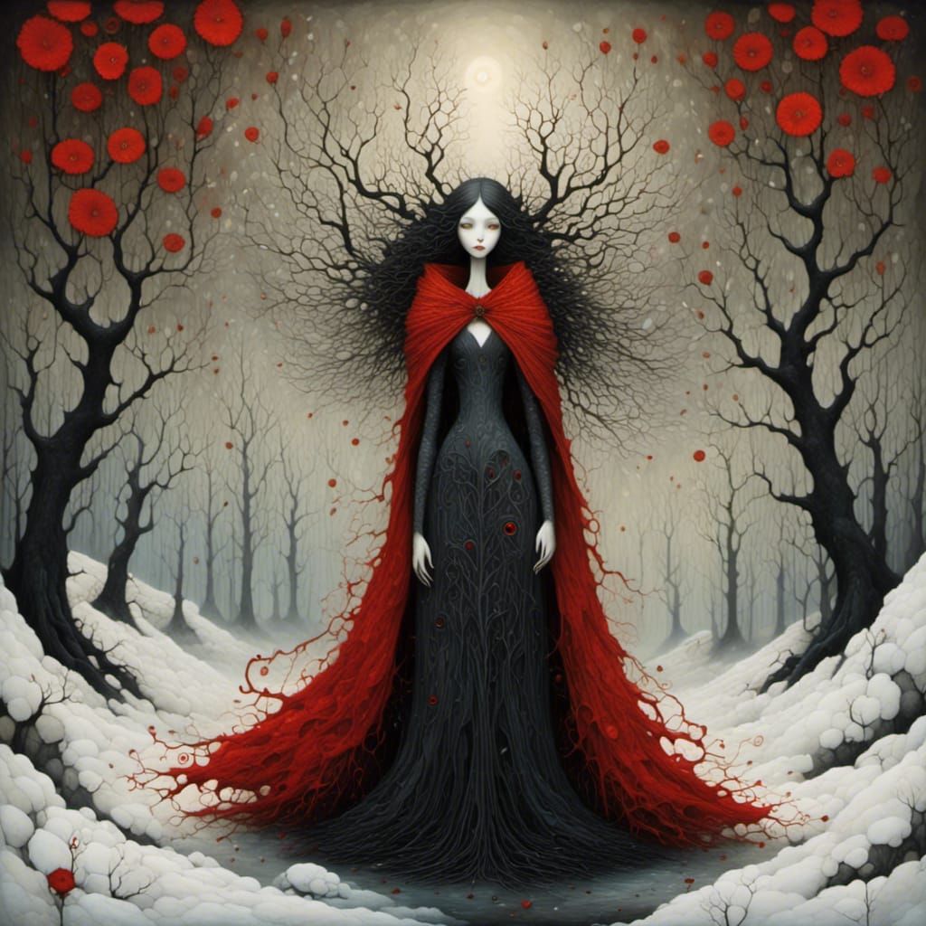 <lora:GrimKey:1.0> Hyperdetailed Fairy. Winter. vivid colours. Striking red eyes. White. black. 