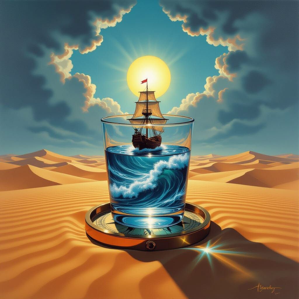 Surreal Oil Painting of Stormy Ocean in Desert Glass