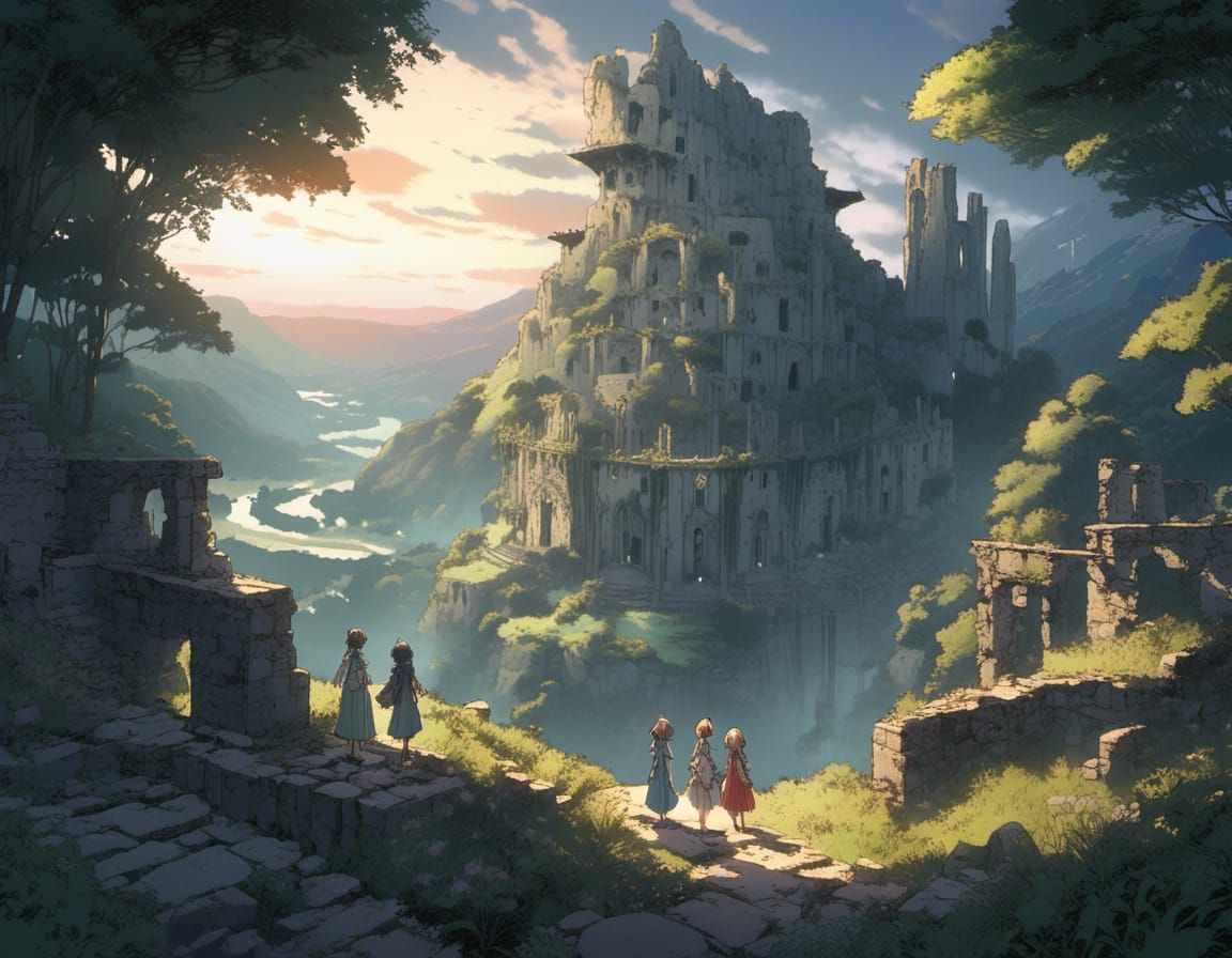 fairies gathering a mountain pass old ruins nearby  