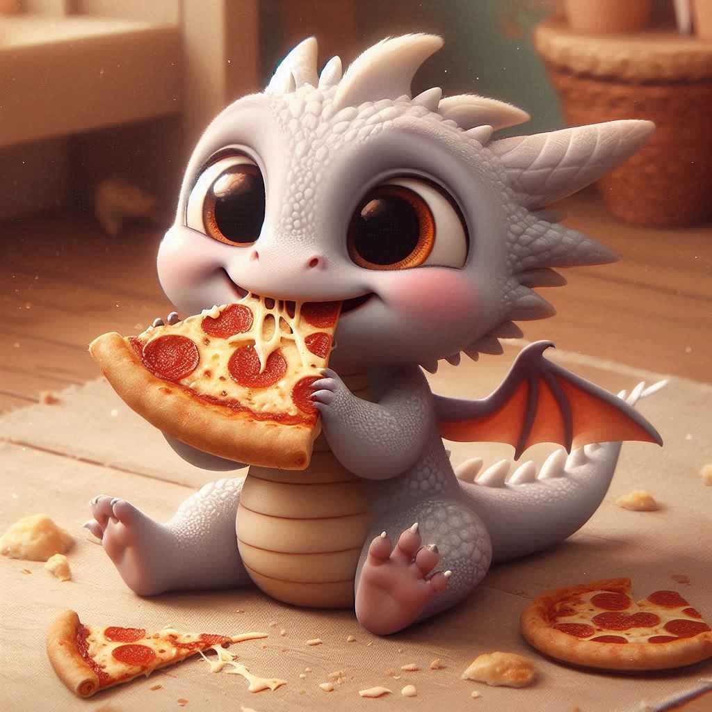 Cute baby dragon eating pizza for supper