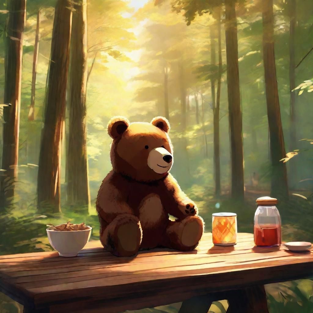 Teddy Bear Enjoys Forest Feast in Anime Style