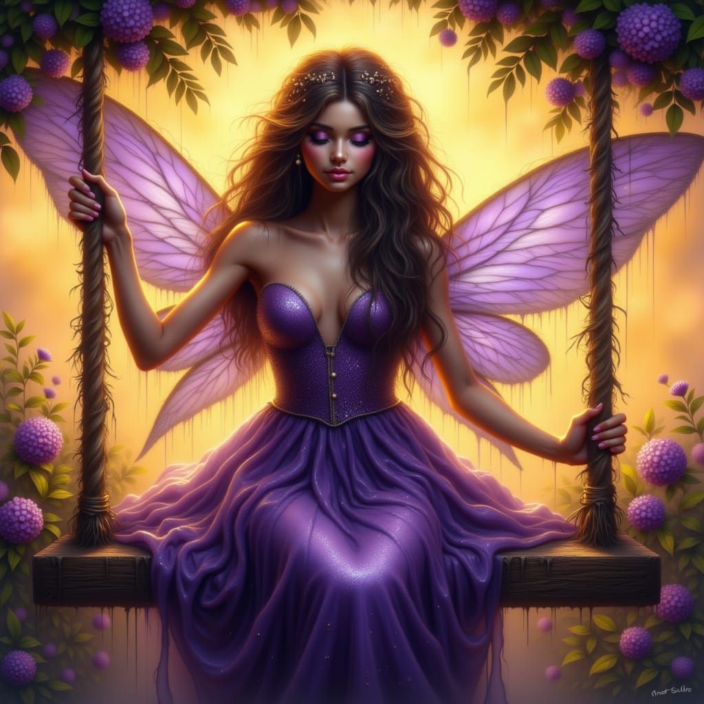 <lora:Fae:1.0> a fairy sitting on a swing, peaceful expression, purple shimmering dress, golden hour sunset, messy long hair, powerful, roug...