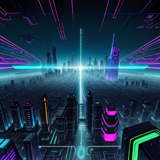 Digital art in Cybernetic style of a city where humans and r...