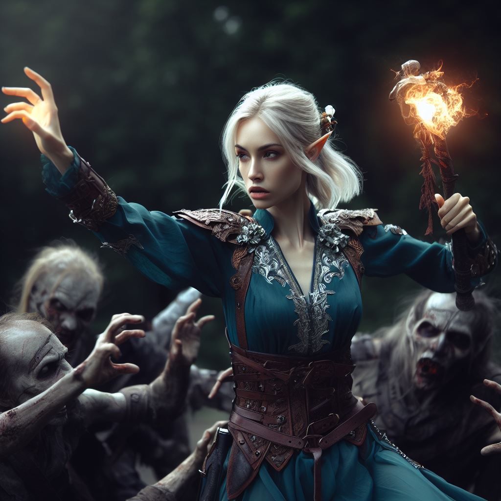 Elven priestess fighting undead
