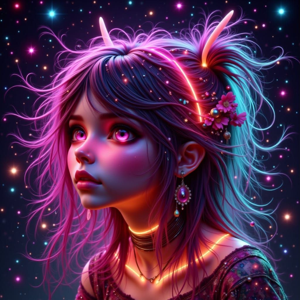 Rainbow punk woman of celestial vibes popping neon shades Together let's turn darkness into light <lora:Whimsy Romance:1.0>