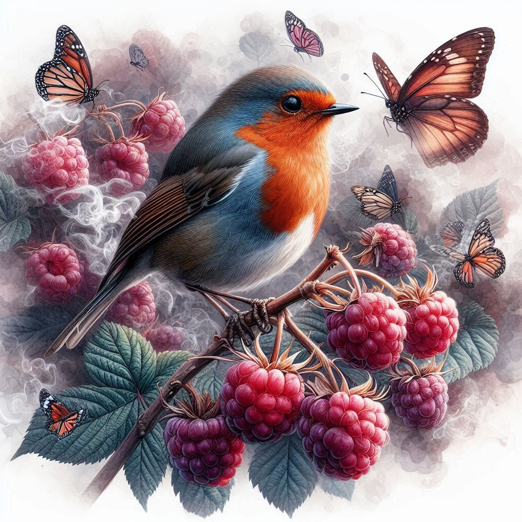 Robin on a Raspberry Branch