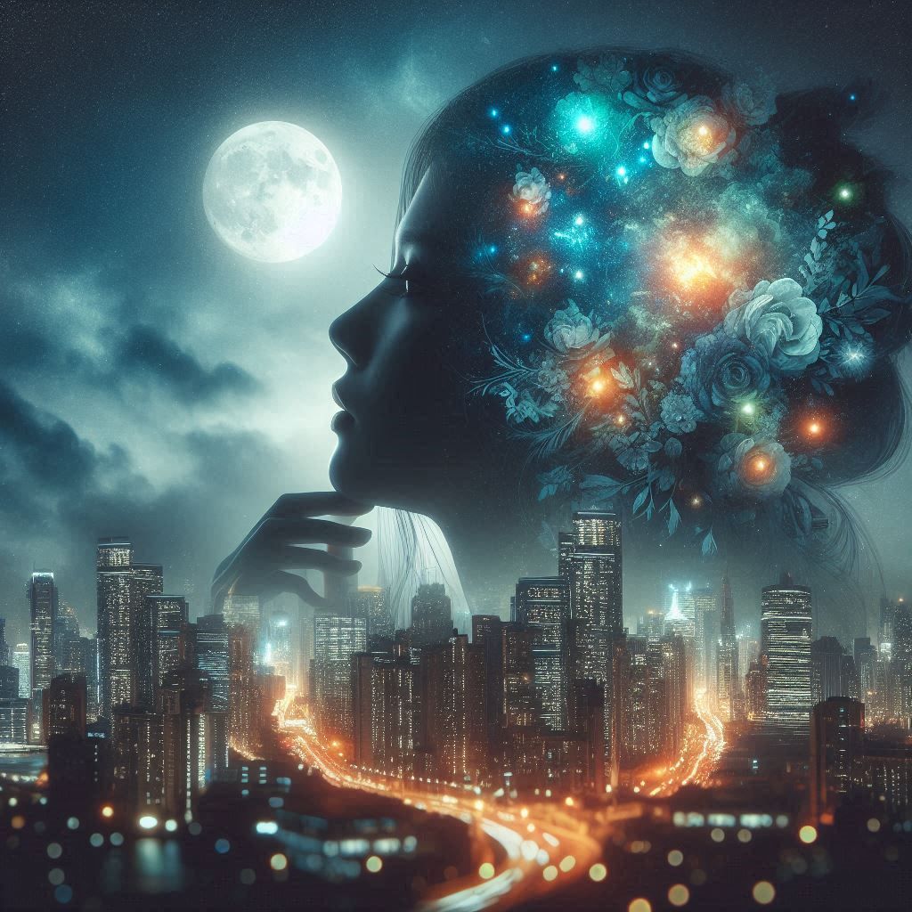 double exposure beautiful fantasy DALL-E 3 the night is falling lady..