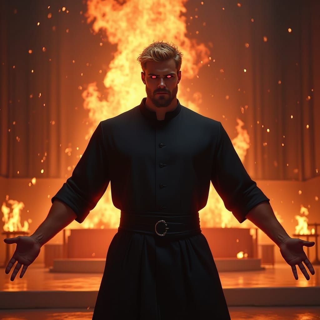 Can you create an image of a handsome athletic modern priest. He has strong jaw line, and blond hair. His eyes are red and demonic. He stand...