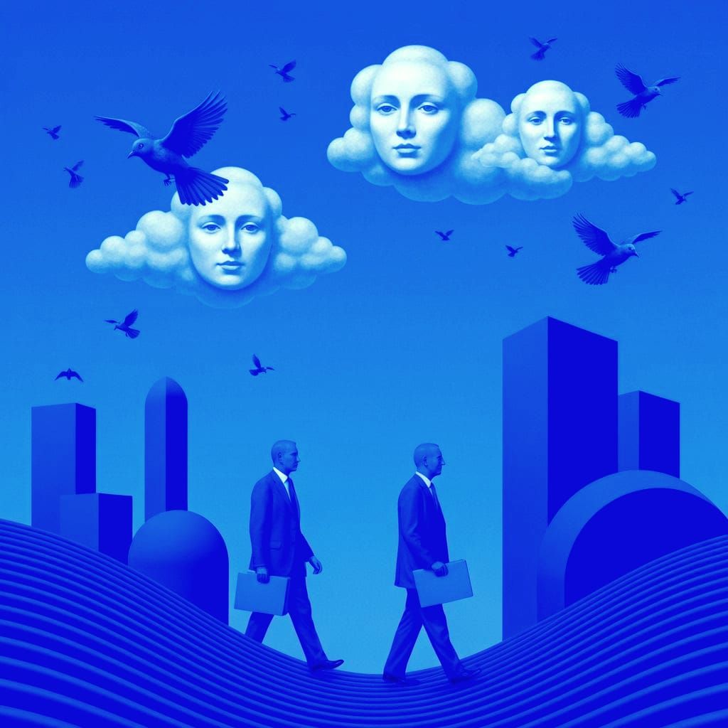 Surreal Blue Landscape with Floating Faces and Exotic Birds