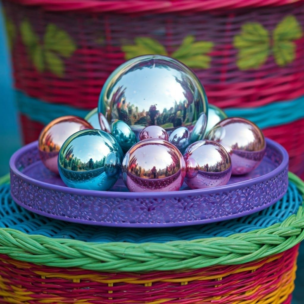 Decorative Tray with Shiny Balls and Wicker Basket
