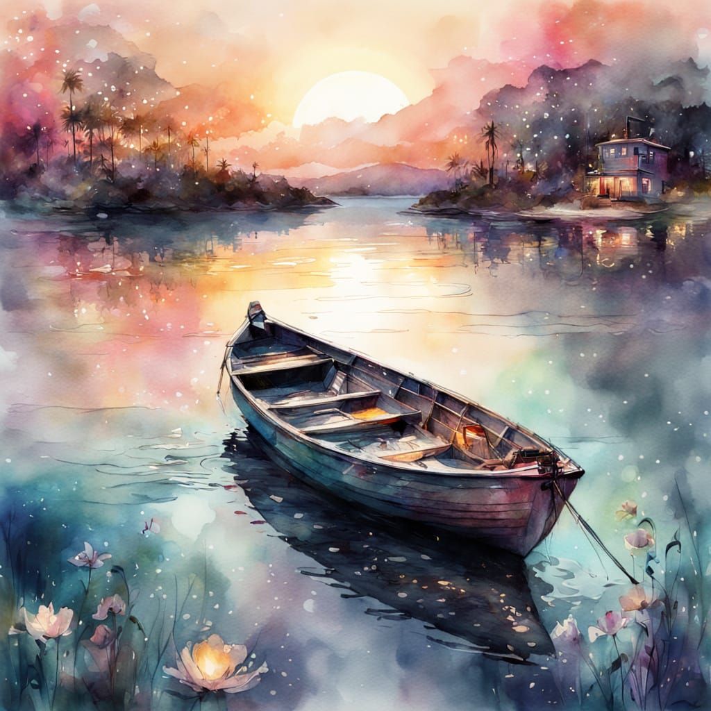 Boat on sparkling moonlit waters.   by @Joseph