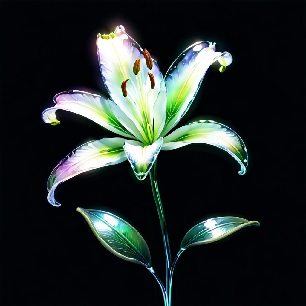 Clear glass lily with a white outline include three leaves a...