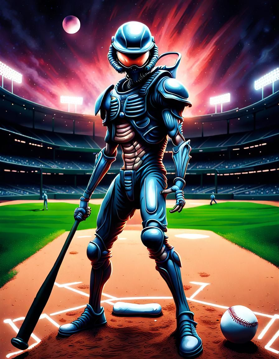 Xenomorph as Baseball Player at Baseball Game   by @Heralyn