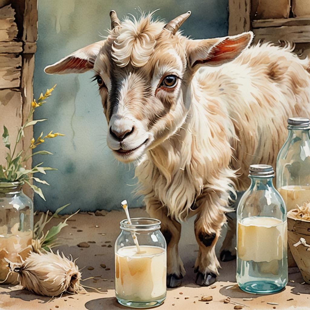 Adorable Baby Goat Drinks Milk: Watercolor Illustration