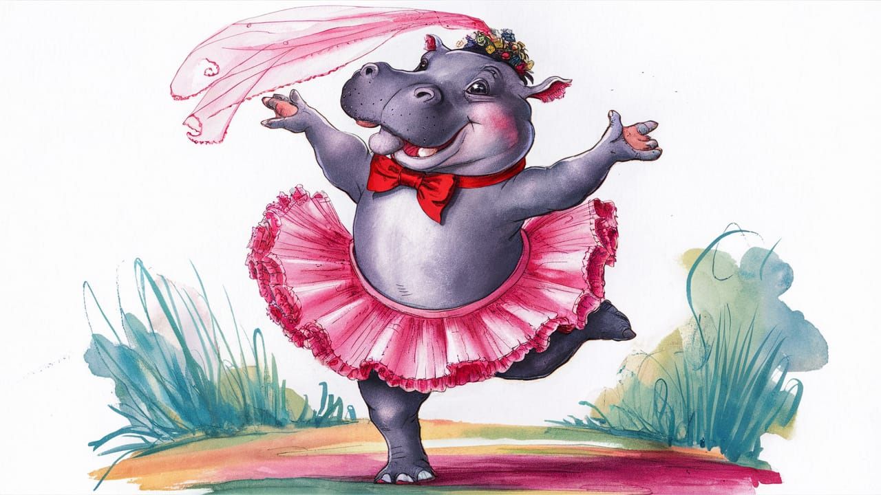 dancing hippopotamus in pink skirt 