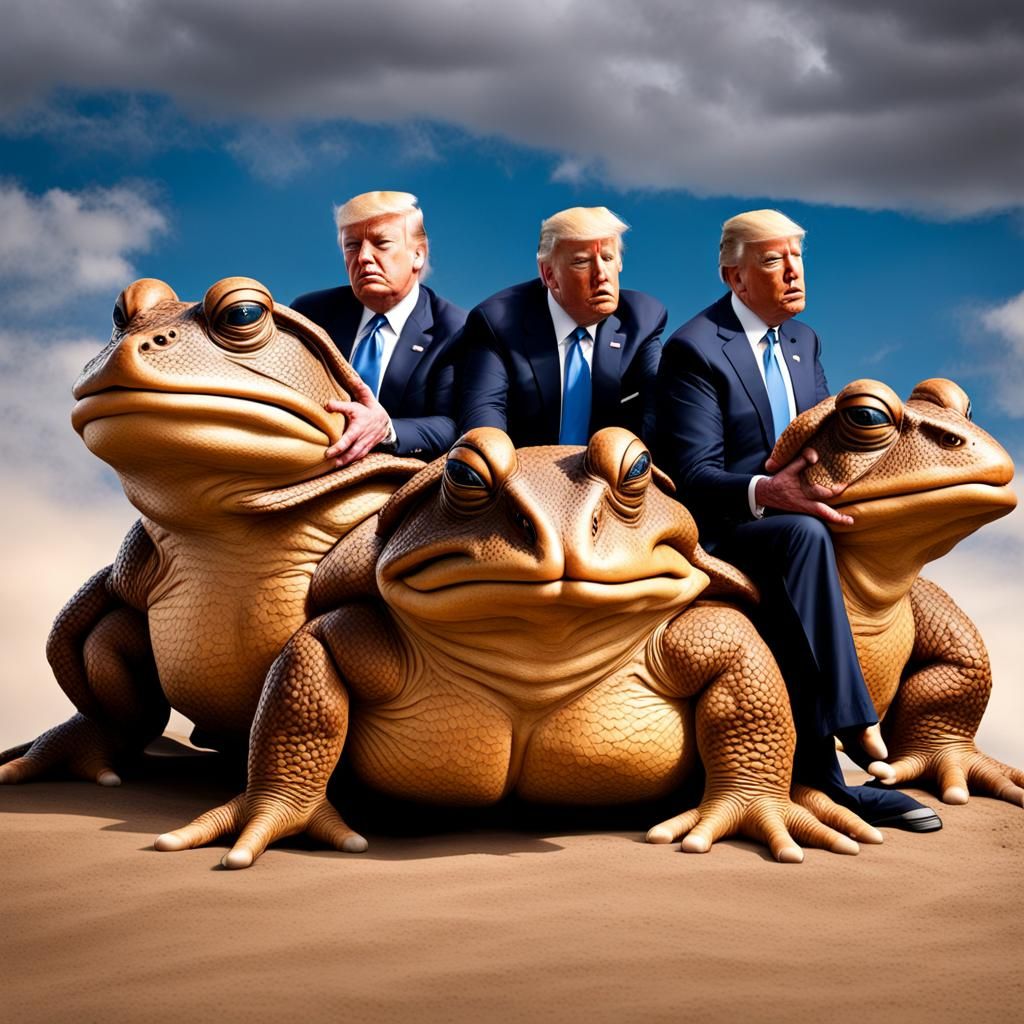 Joe Biden, Donald Trump and Barack Obama riding 3 giant toad...