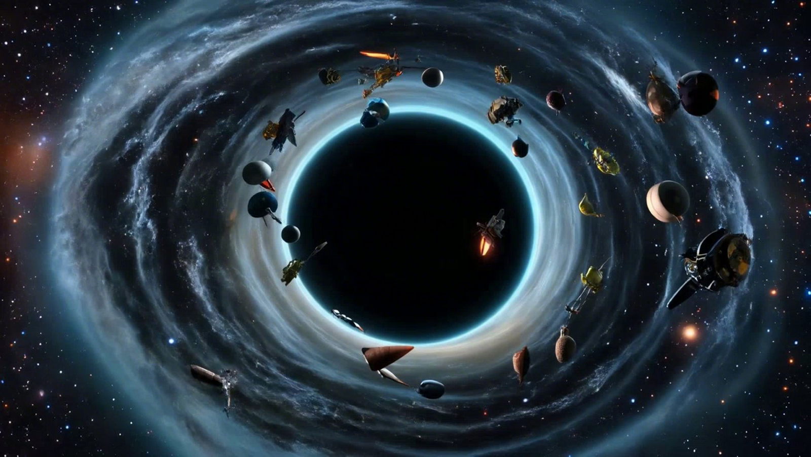 Vortex of a black hole spinning slowly , collecting debree from the pulled in stars , satelieätes and space ships , stun...