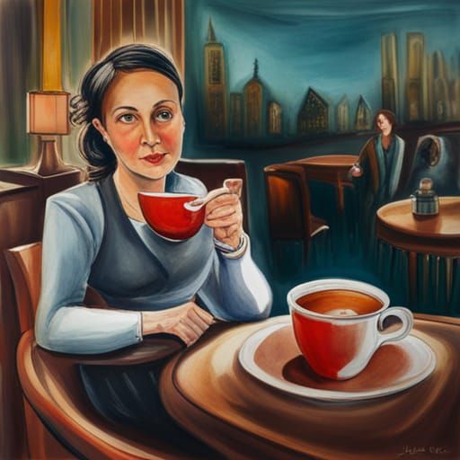 Woman sitting in café drinking tea Rebecca Sugar watercolor ...