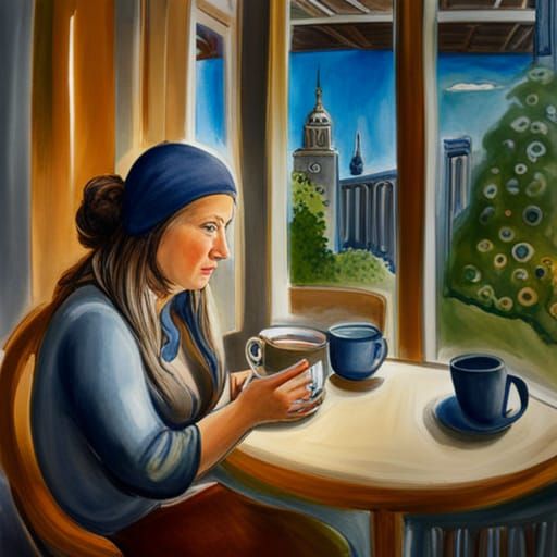 Woman sitting in café drinking tea Rebecca Sugar watercolor ...
