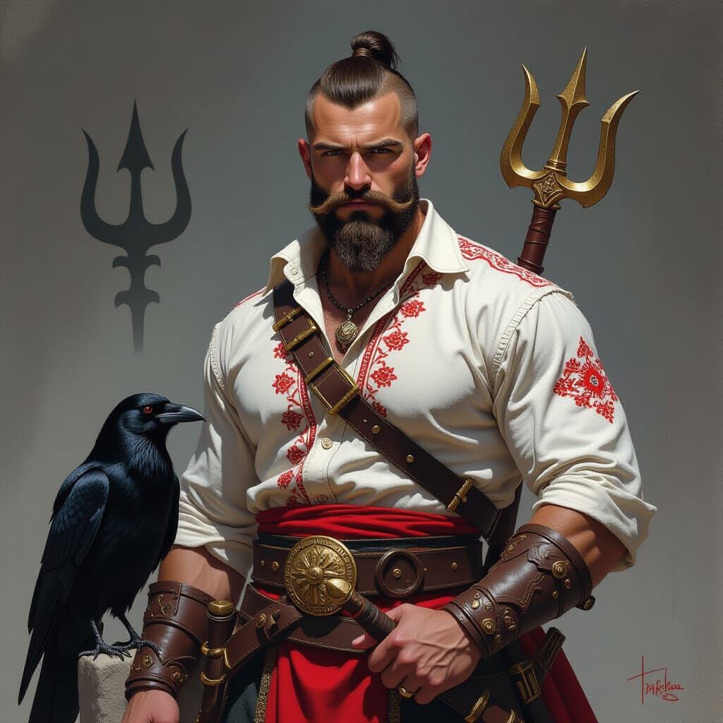 A warrior man sits on a stone, stern and thoughtful. His head is shaved almost completely, with a long single lock of hair left on the crown...