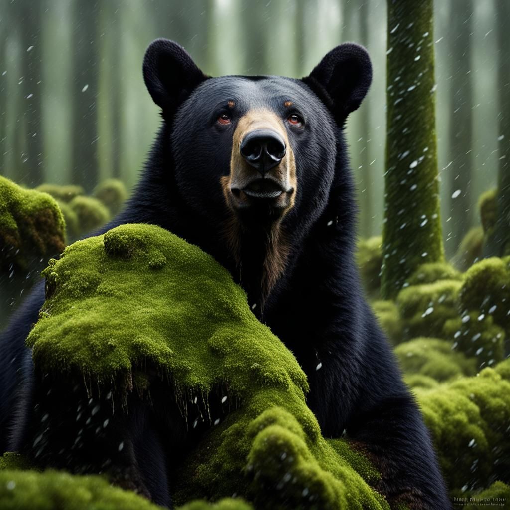 black bear in a rainy moss covered forest