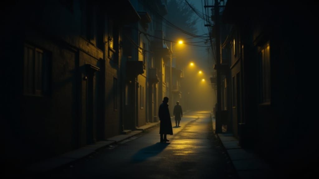 Mysterious Figures Converse in Dark Alley Oil Painting