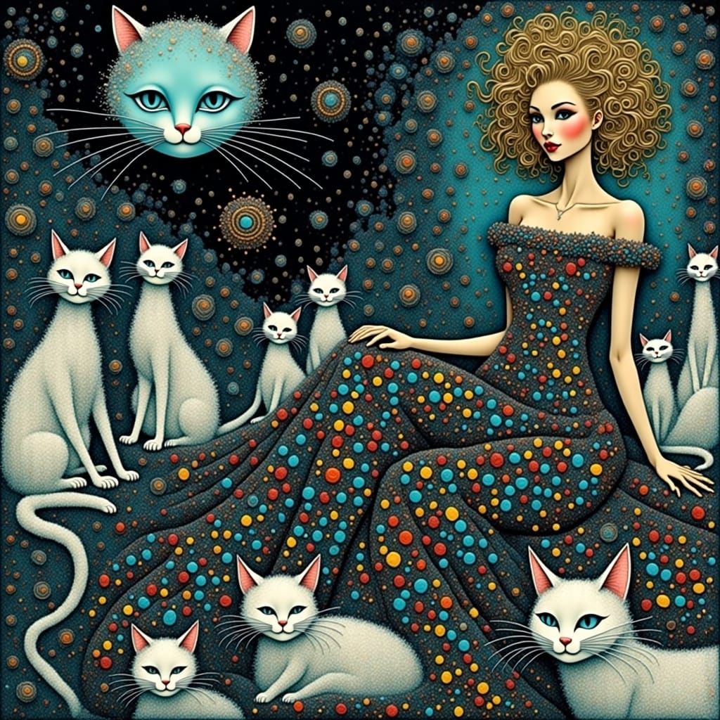 <lora:Kitty:1.0> A vintage rockabilly woman with blonde, curly hair sits on the ground, surrounded by white cats floating in space. She wear...