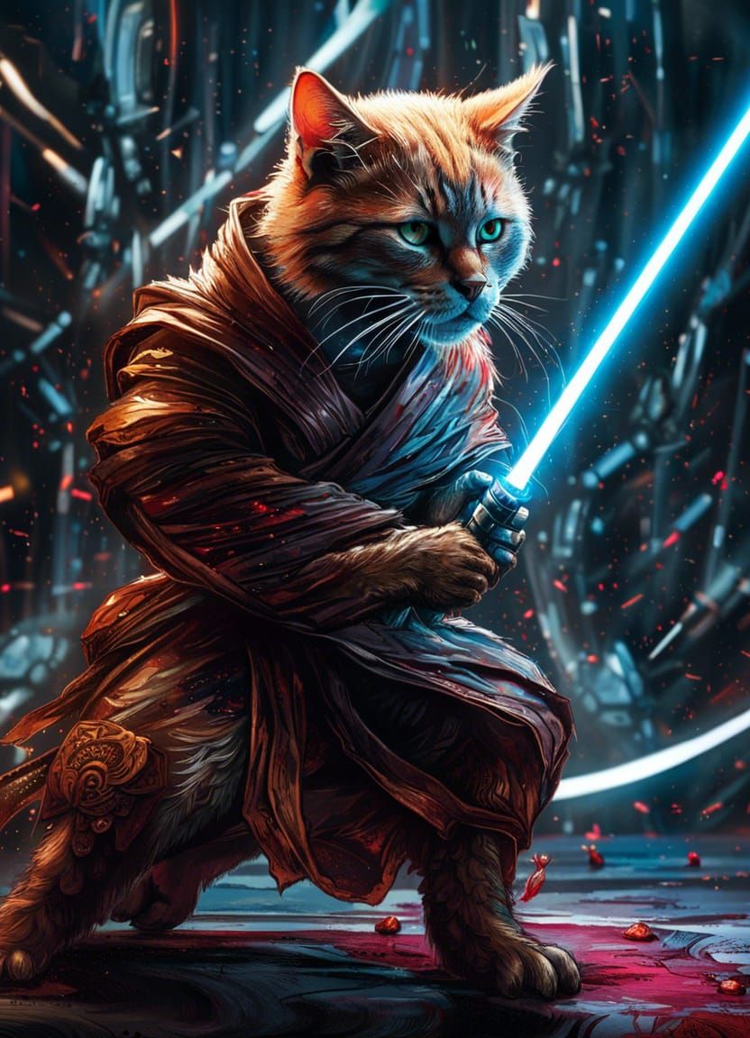 A humanoid cat in Obi-wan Kenobi’s suit in battle stance with a lightsaber while fighting a humanoid ...  by @Idk