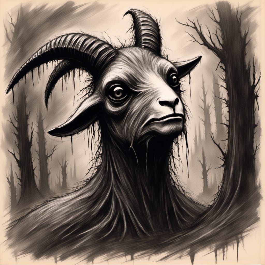 the goat of evil - red glowing eyes, fangs <lora:PsychixFlux:1.0>