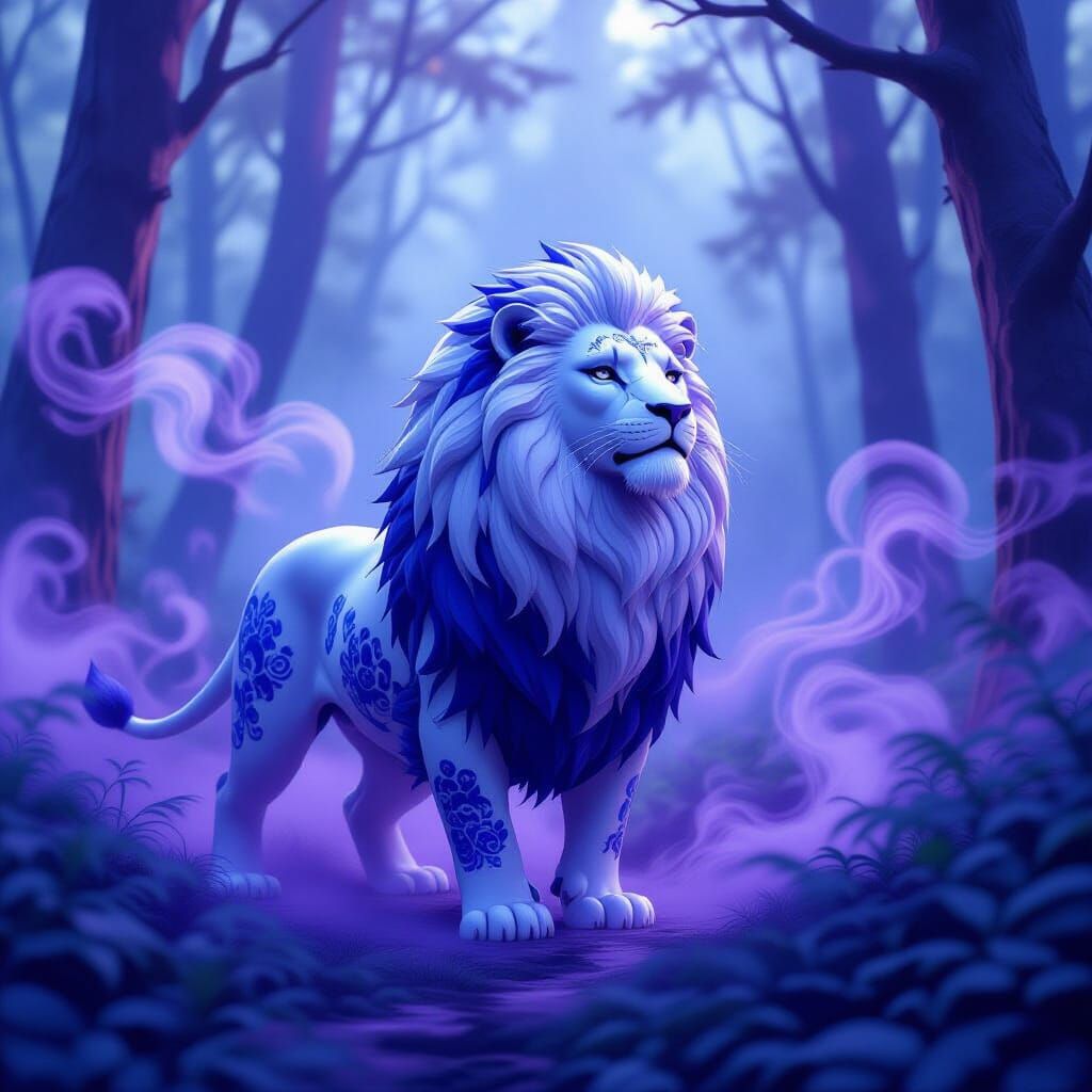 Porcelain Lion in Ethereal Purple Mist Forest