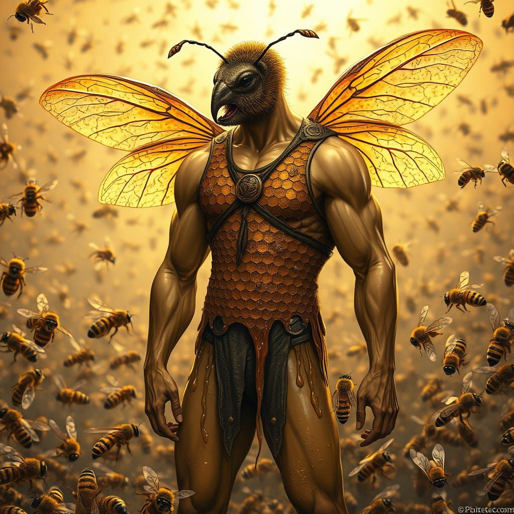 Mythical Bee-Human Hybrid Basks in Golden Honey, Amidst Whir...