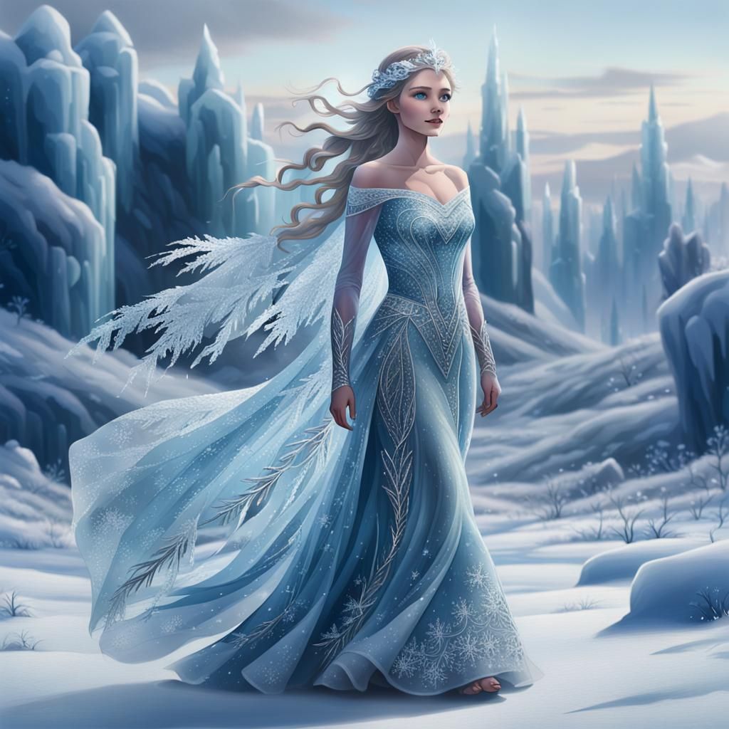 With hair the color of ice and a gown of snow crystals she w...