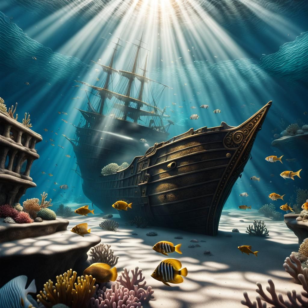 Sunken 1700s ship half buried in a reef with gold here and t...
