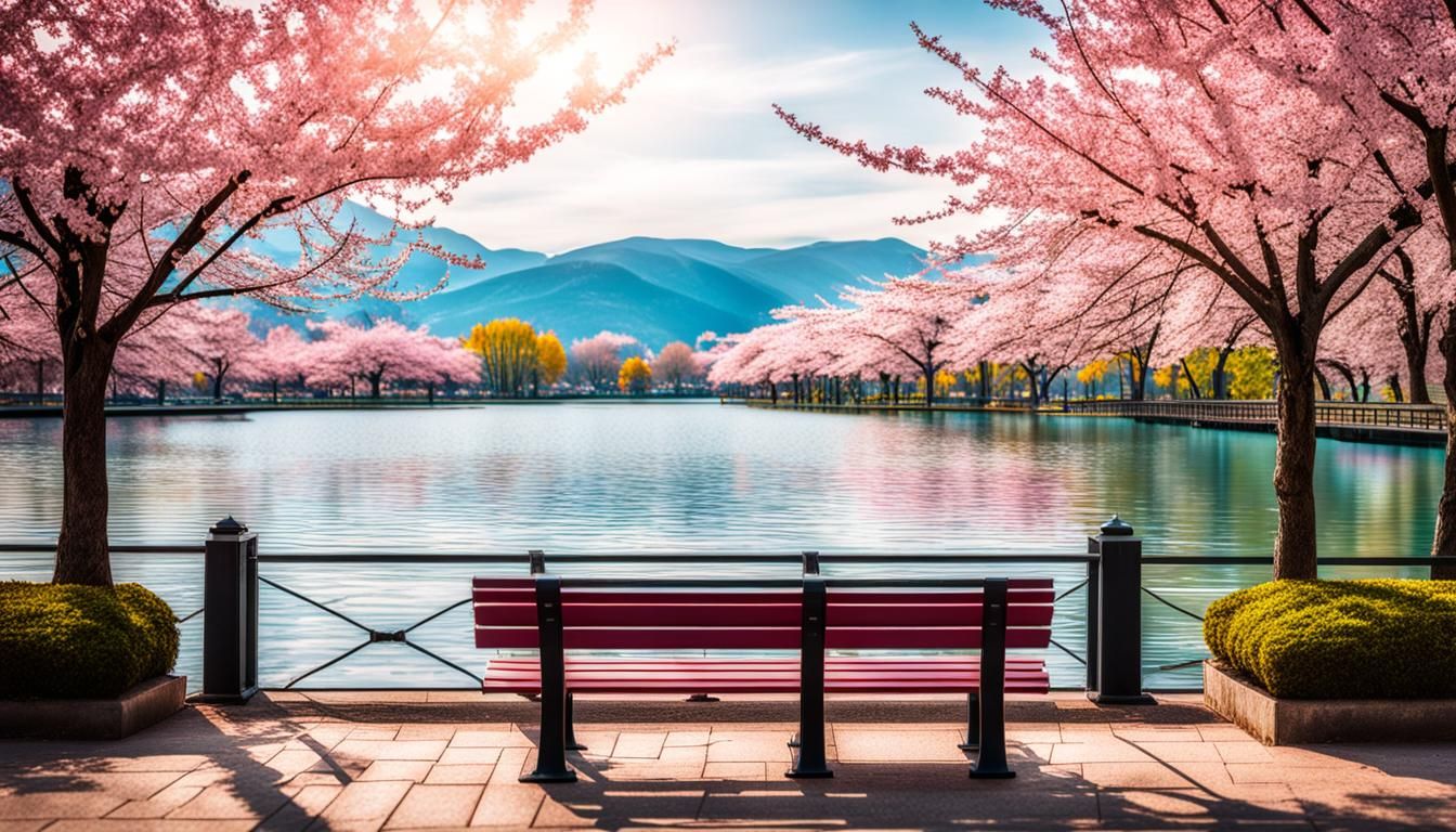 urban lake lined with pink cherry blossom trees  by @Brick Studio Architect