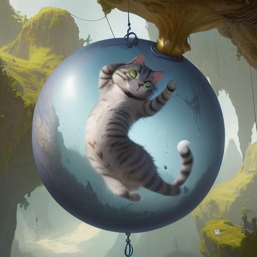 a mischievous cat batting at a dangling string.”