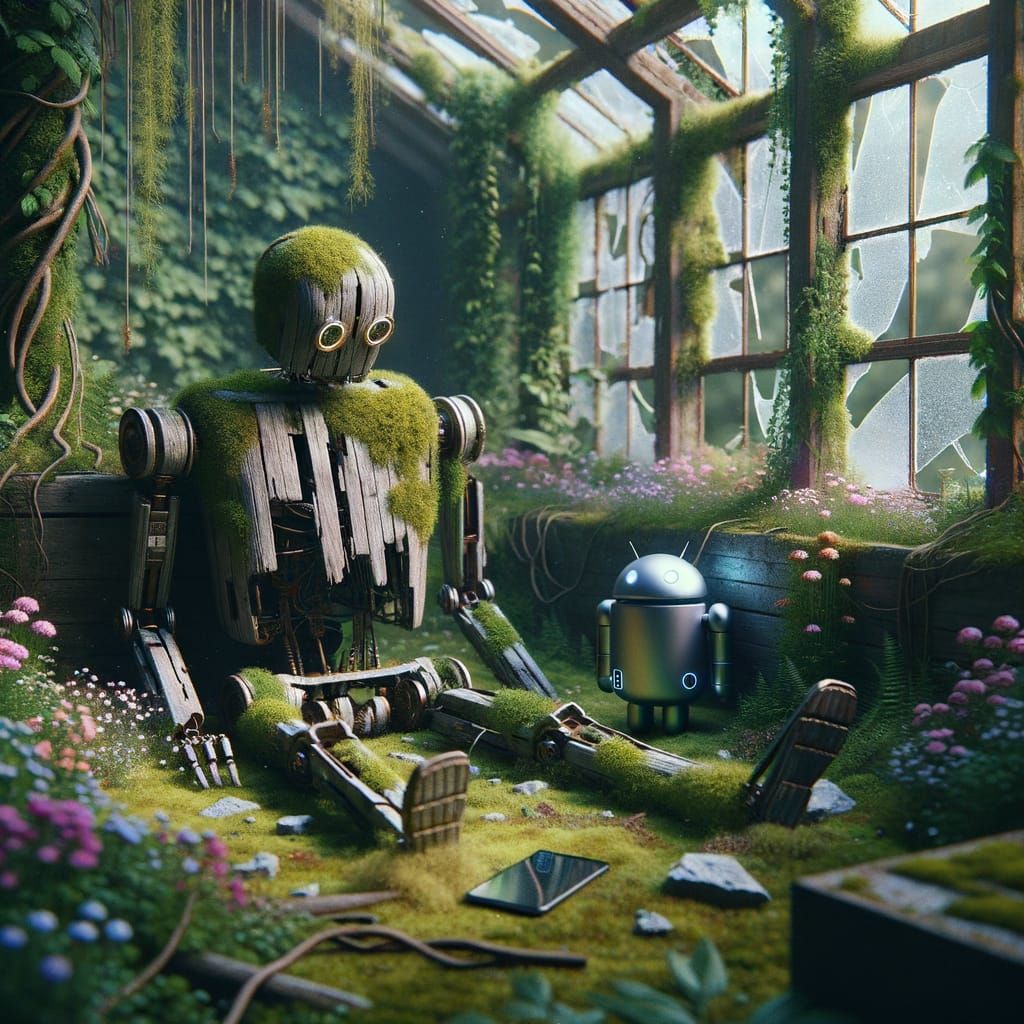 A weathered broken wooden robot is resting on the moss-covered floor of an overgrown greenhouse, surrounded ...  by @Darken