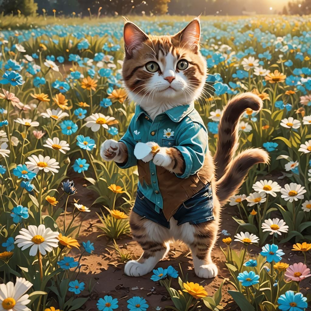 Cat Picking Flower in Field, Fantasy Art
