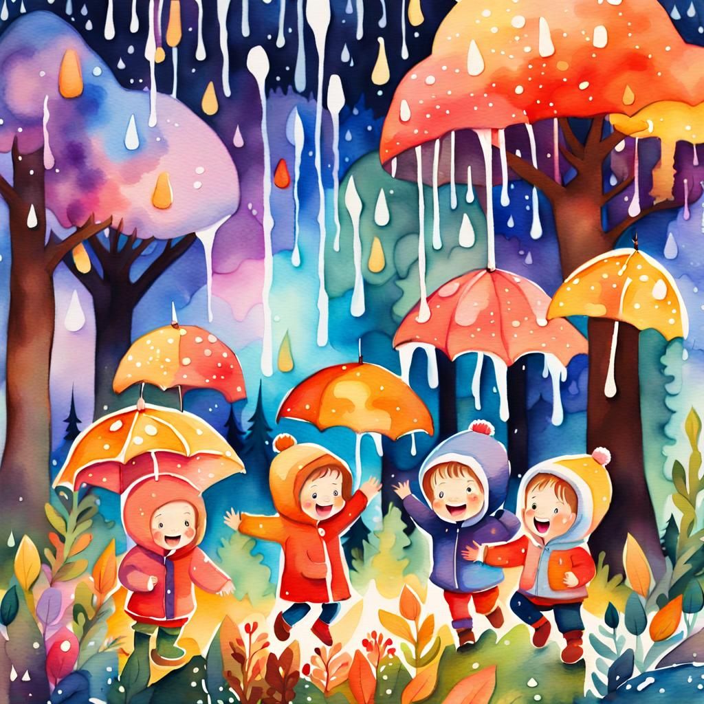 group_of_cute_babies_laughing_while_it’s_raining, fast_camera_setting