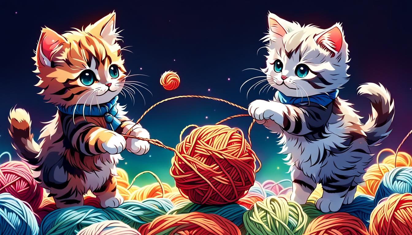 Fluffy kittens playing a ball of yarn on a ball of yarn landscape.