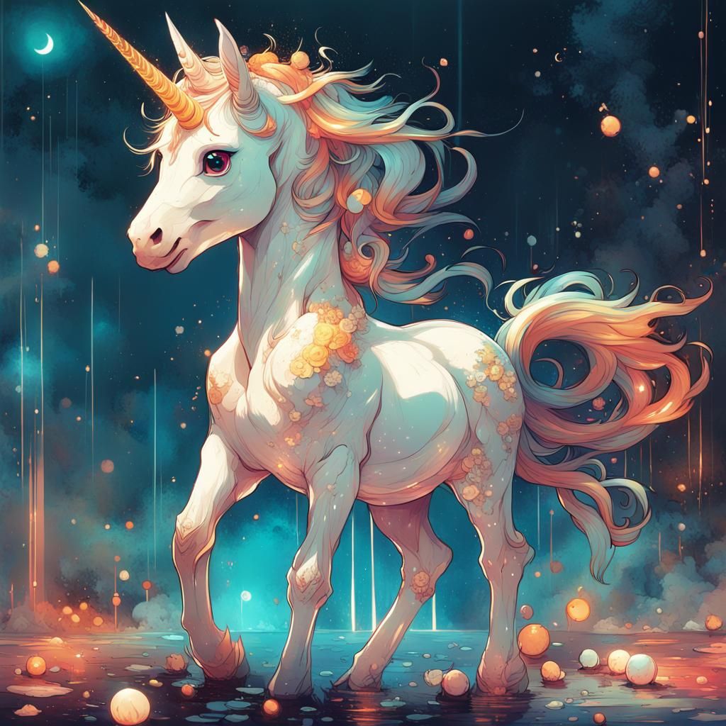 adorable cute baby UNICORN, glowing reflecting eyes, Greg Ru...