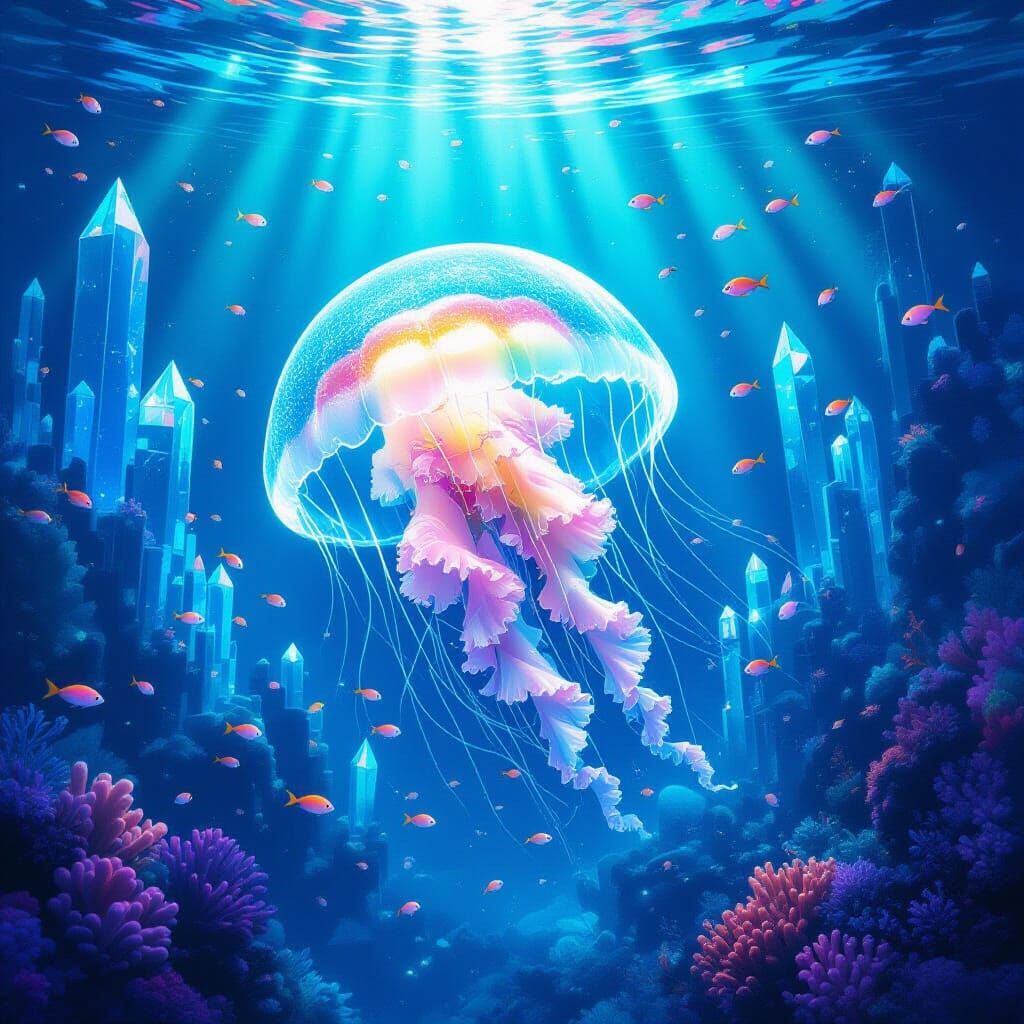 A vibrant, bioluminescent jellyfish drifts through a surreal, underwater cityscape made of crystal and light. Schools of tiny, glowing fish ...