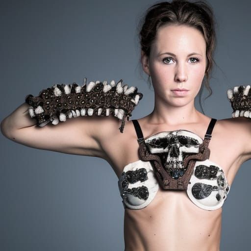 The warrior wears a bra made from the skulls of her enemies.