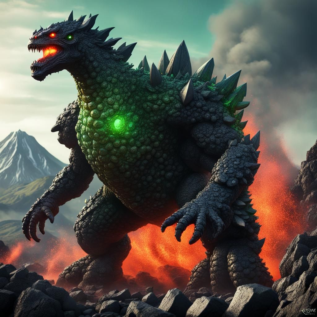 kaiju made of black rocks with a volcano with green lava on ...