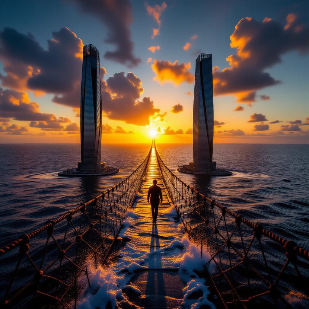 Man Crosses Rope Bridge Between Skyscrapers at Sunset