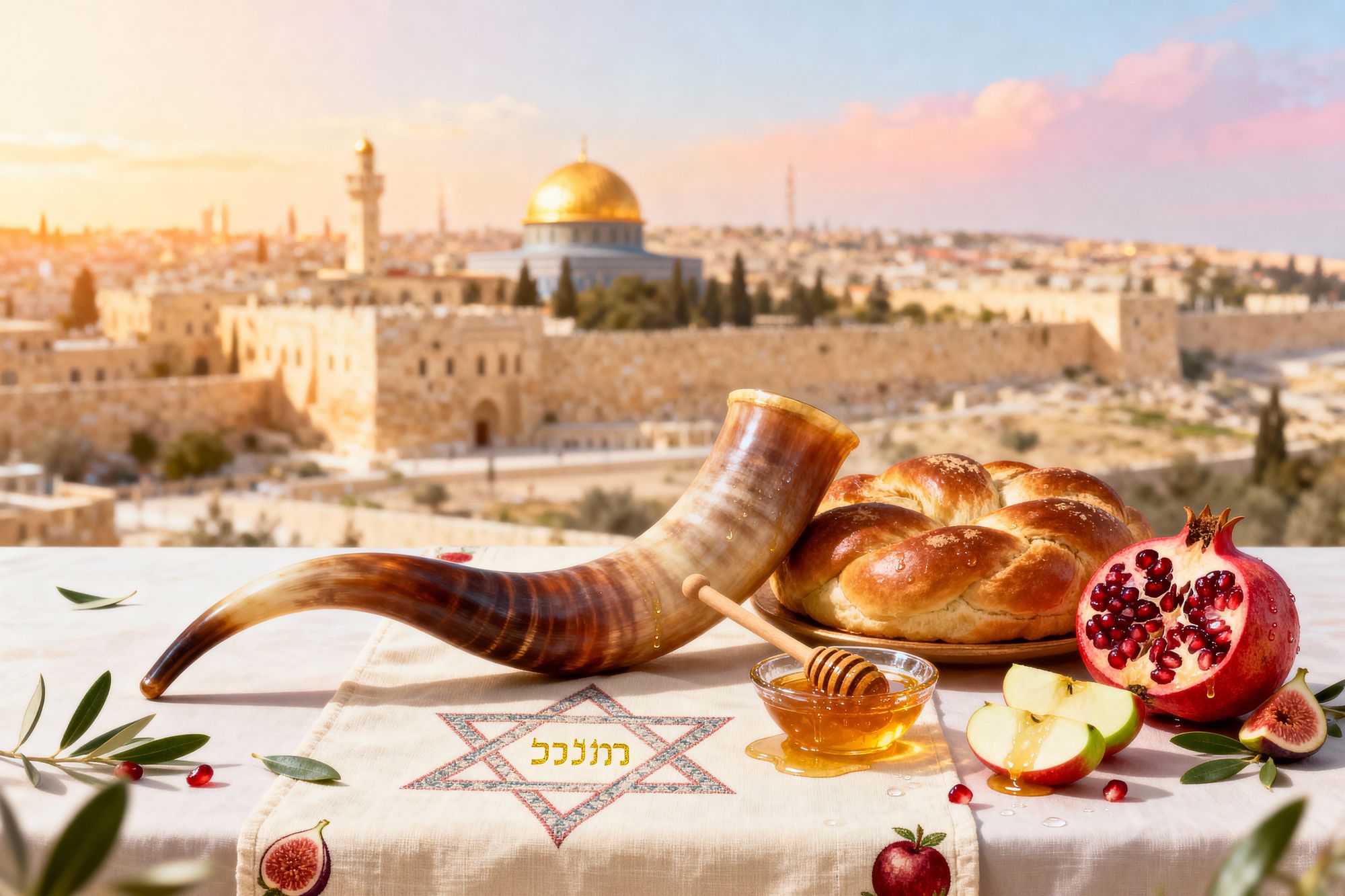 Create a refined Rosh HaShanah  scene at sunrise. Foreground: a polished ram’s shofar resting beside a round challah, a small dish of honey ...