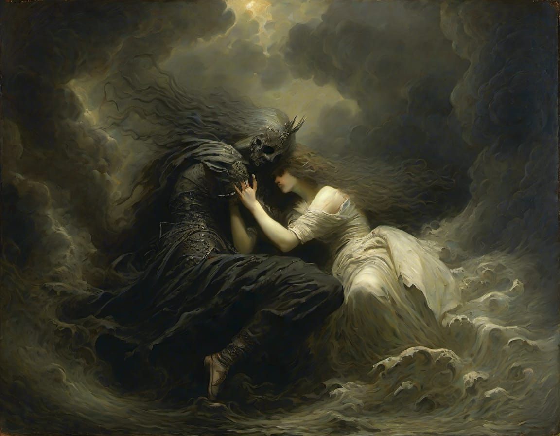 "Doomed Lovers", gorgeous, Stygian, dramatic lighting, extremely detailed, painting in the style of Angelo Inganni <lora:Broken:0.1> 