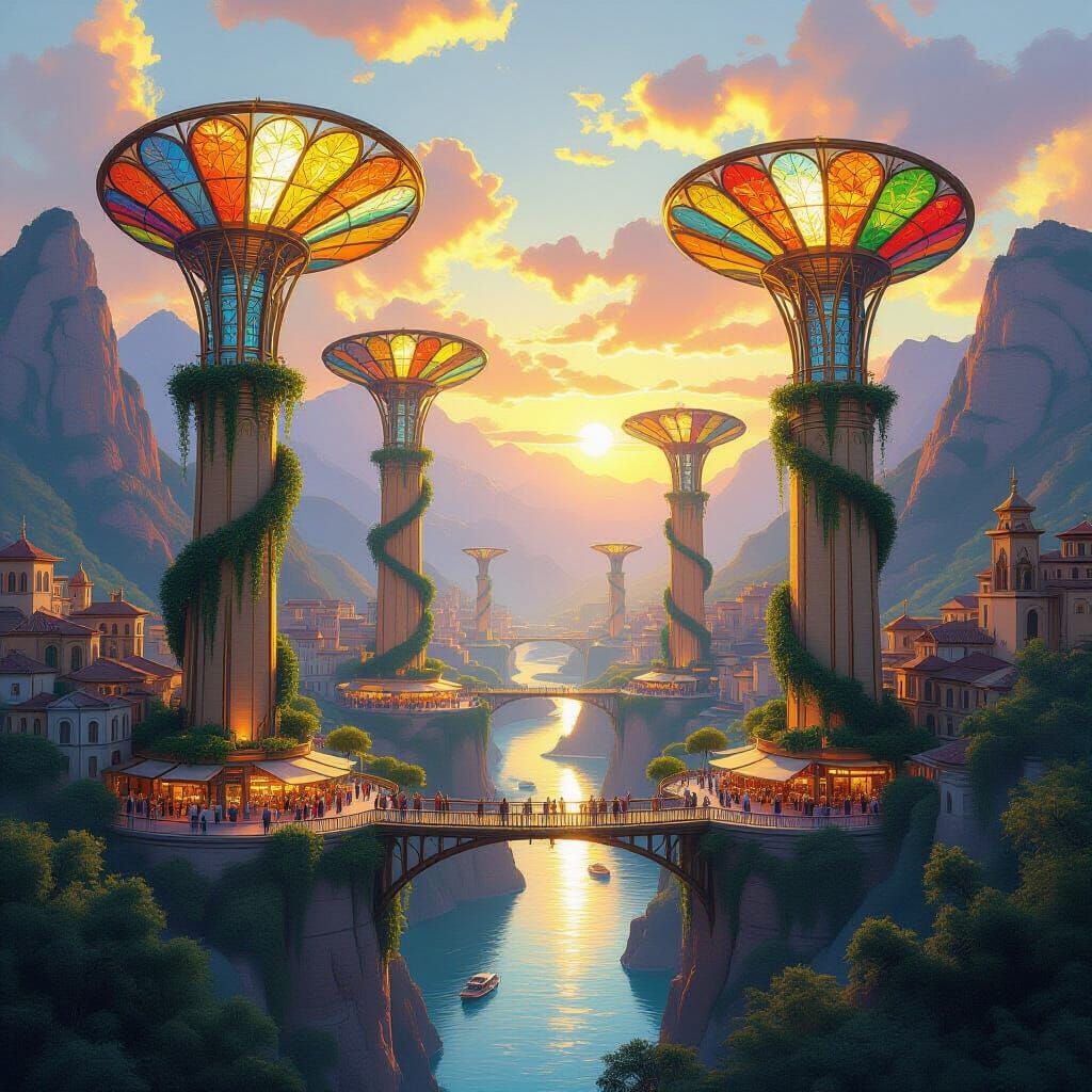Solarpunk Cityscape at Golden Hour Digital Painting