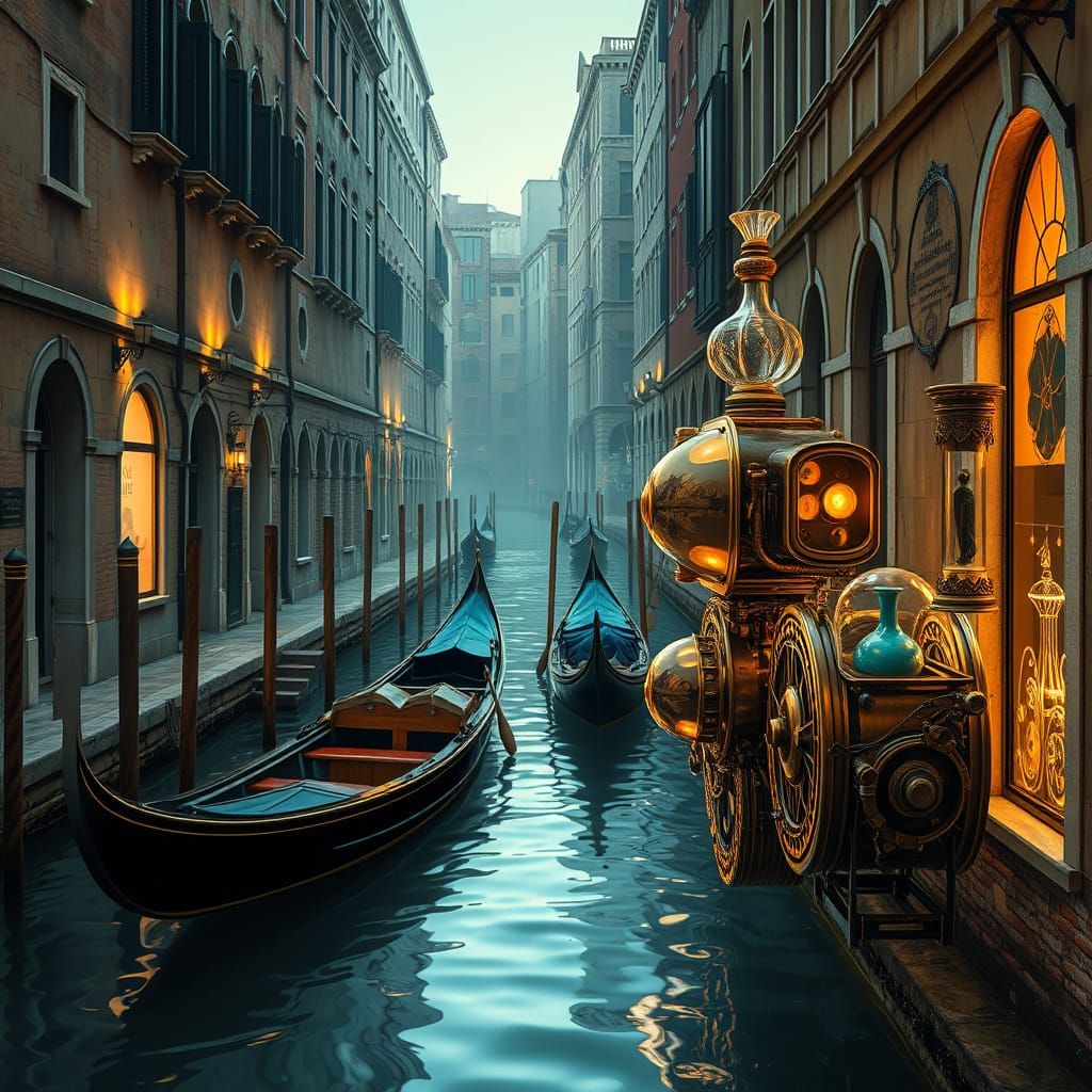 Venetian Steampunk Alleyway with Gondolas